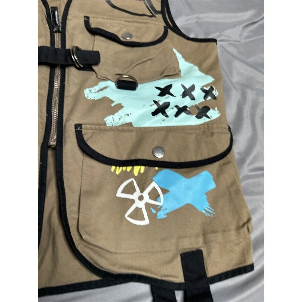 BATTLE VEST & SHORTS DYSORDER PAINTED 8 POCKETS‎ ZIP UP FRONT STRAPS BROWN!